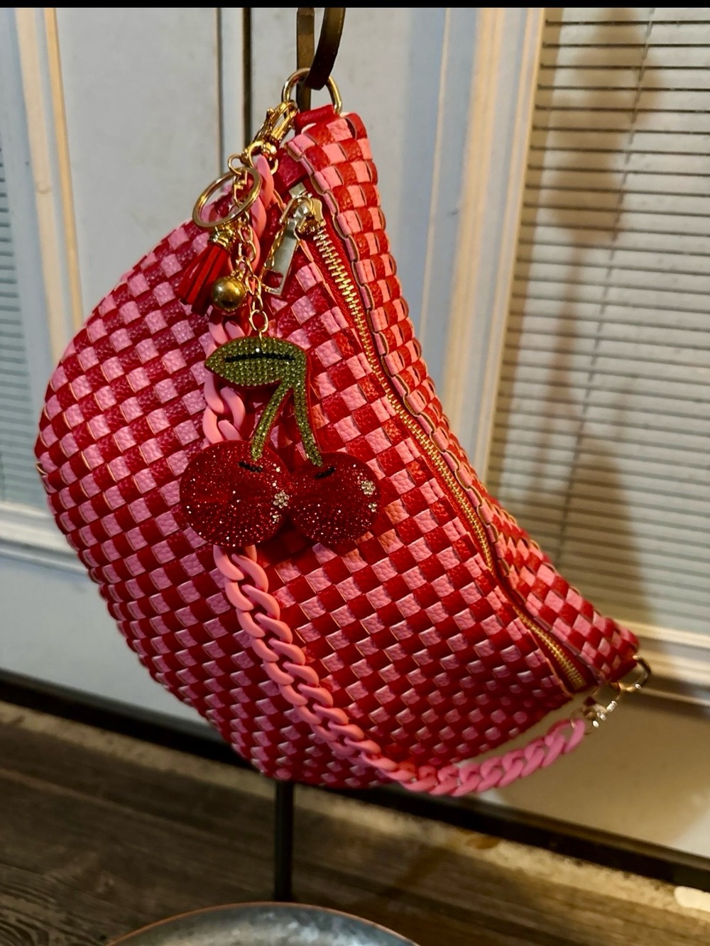 Woven Pink & Red Bumbag/Crossbody Bag with Cherry Charm